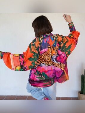 Bianca Paris Women’s Vibrant Tropical Leopard Print Blouse - Orange Pink Green